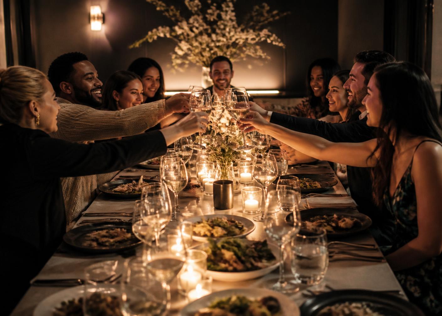 Friends toasting at a long table in a private dining room