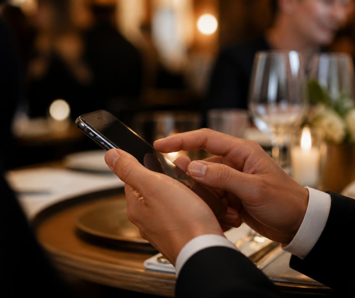 Guest booking a table from a phone at a restaurant table