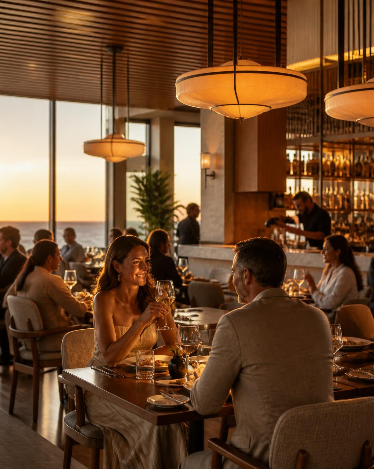 Guests dining at an upscale restaurant with a bartender in the background