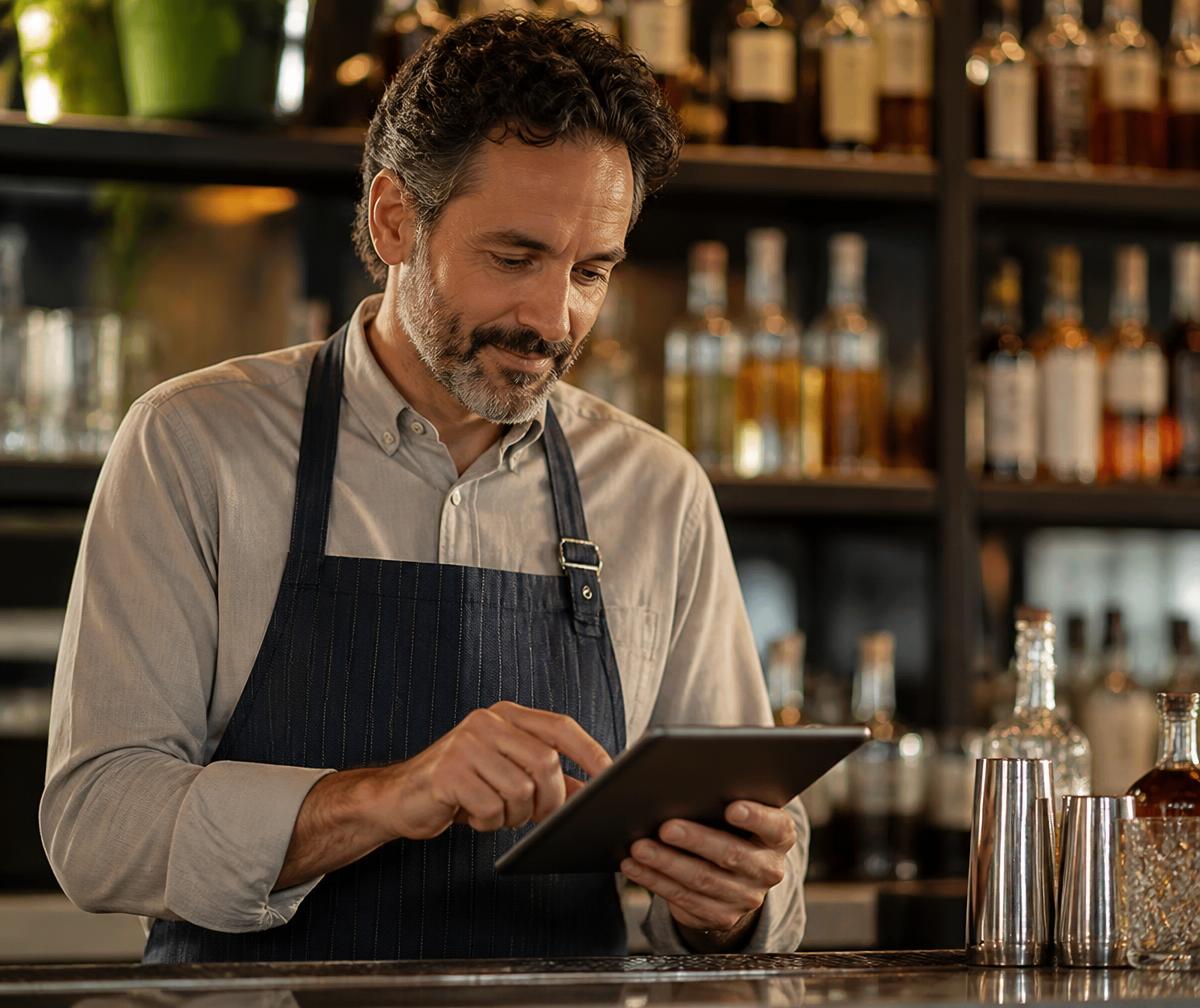 Restaurant manager reviewing guest data on a tablet behind the bar